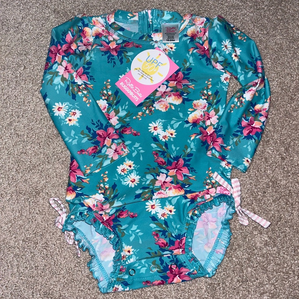 Ruffle Butts longsleeve rashguard one piece, bathing suit, 18-24 months